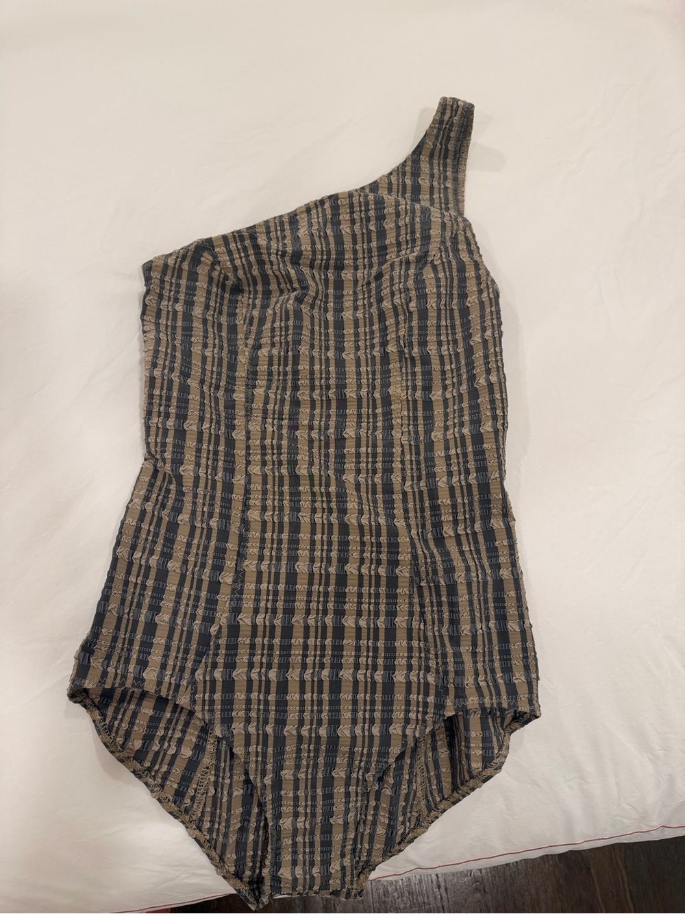 Lisa Marie Fernandez One-Shoulder Striped One-Piece in brown & gray